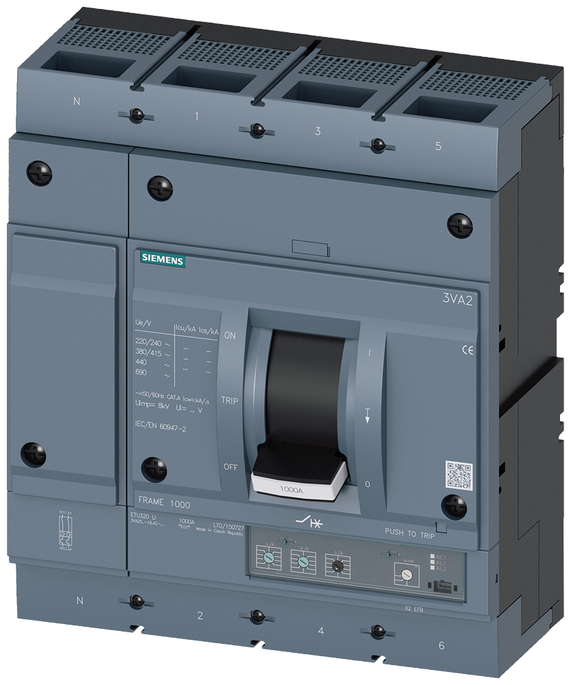 Siemens MCCB_3VA25_4P_110KA_ETU320,LI PROTECTION, IN=1000A, IR=400A-1000A, Tr=0,5-17 sek, II=1,5-10XIN, bolt