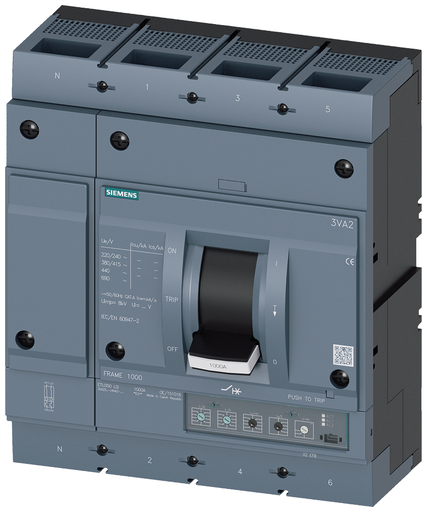 Siemens MCCB_3VA25_4P_110KA_ETU350,LSI PROTECTION, IN=1000A, IR=400A-1000A, ISD=1,5-10XIR, II=10XIN, bolt
