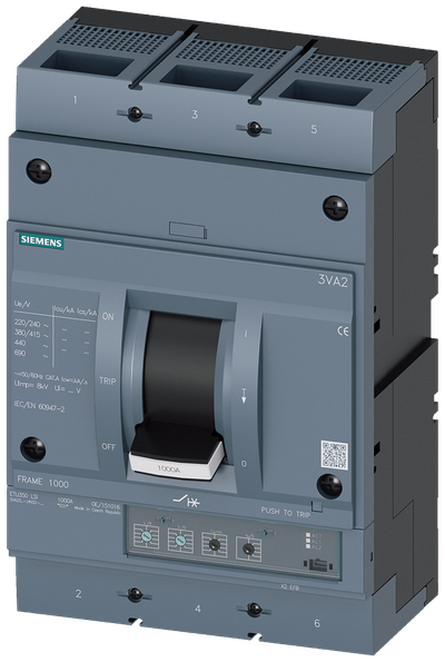 Siemens MCCB_3VA25_3P_55KA_ETU350,LSI PROTECTION, IN=1000A, IR=400A-1000A, ISD=1,5-10XIR, II=10XIN, bolt
