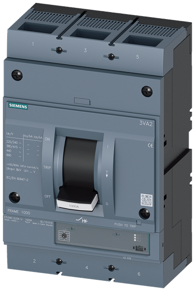 Siemens MCCB_3VA25_3P_55KA_ETU340,LI,IN=630A,IR=252A-630A,Ii=10XIN,bolt