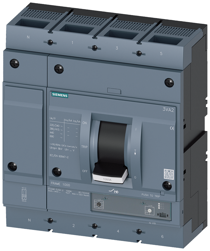 Siemens MCCB_3VA25_4P_55KA_ETU340,LI,IN=630A,IR=250A-630A,Ii=10XIN,bolt