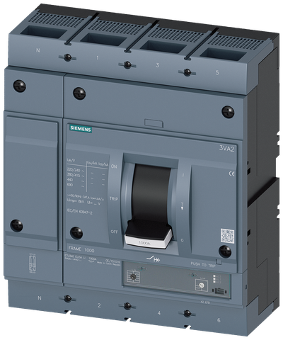 Siemens MCCB_3VA25_4P_55KA_ETU340,LI,IN=630A,IR=250A-630A,Ii=10XIN,bolt