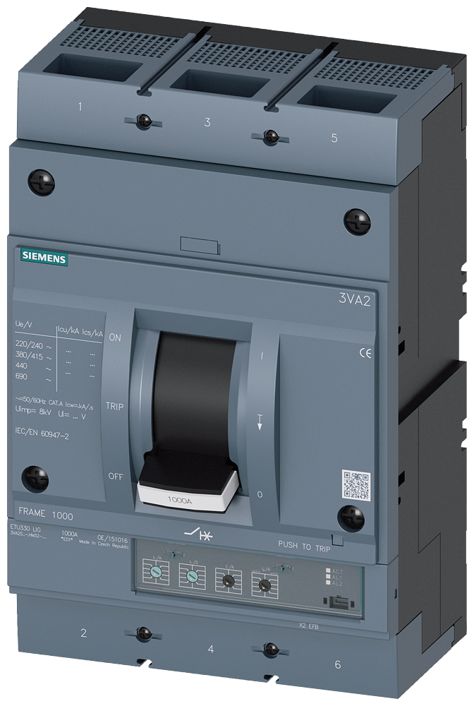 Siemens MCCB_3VA25_3P_55KA_ETU330,LI,IN=630A,IR=252A-630A,Ii=10XIN,bolt