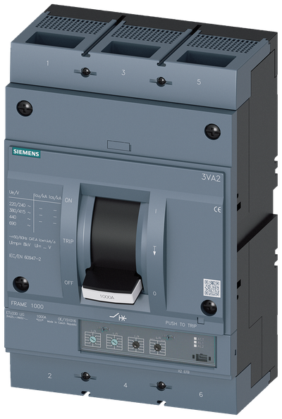 Siemens MCCB_3VA25_3P_55KA_ETU330,LI,IN=630A,IR=252A-630A,Ii=10XIN,bolt