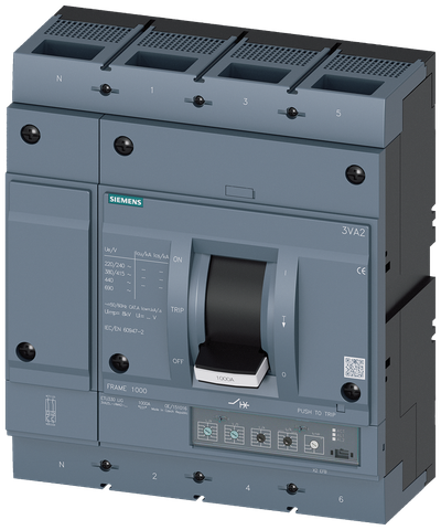 Siemens MCCB_3VA25_4P_55KA_ETU330,LI,IN=630A,IR=250A-630A,Ii=10XIN,bolt 3VA2563-5HM42-0AA0