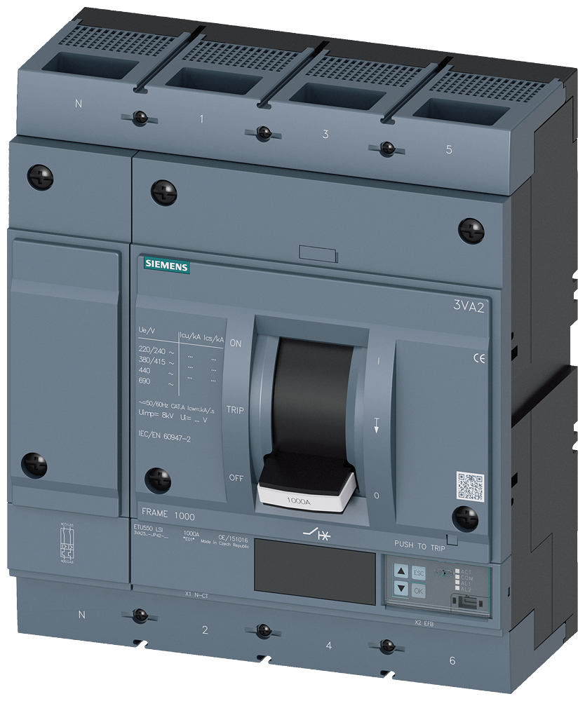 Siemens MCCB_3VA25_4P_55KA_ETU550,LI,IN=630A,IR=250A-630A,Ii=10XIN,bolt