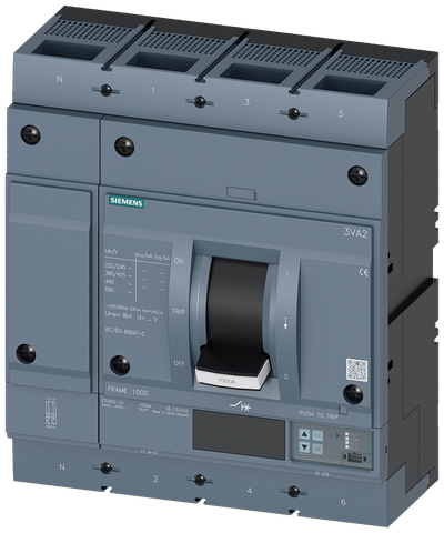 Siemens MCCB_3VA25_4P_55KA_ETU550,LI,IN=630A,IR=250A-630A,Ii=10XIN,bolt