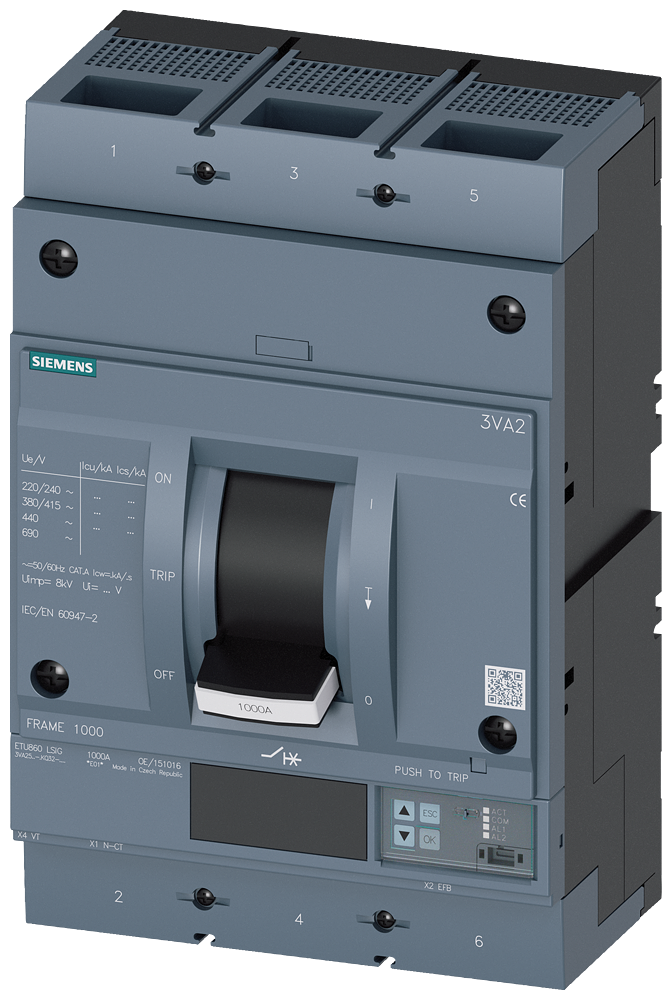 Siemens MCCB_3VA25_3P_55KA_ETU860,LI,IN=630A,IR=250A-630A,Ii=10XIN,bolt