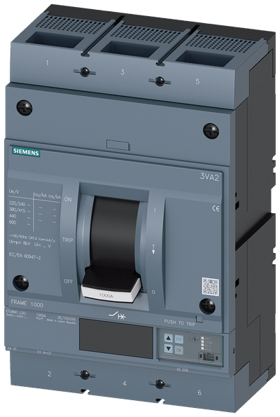 Siemens MCCB_3VA25_3P_55KA_ETU860,LI,IN=630A,IR=250A-630A,Ii=10XIN,bolt