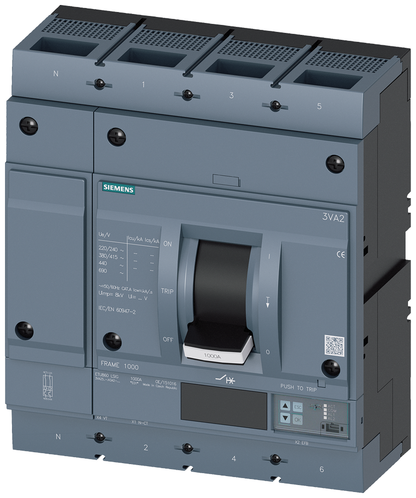 Siemens MCCB_3VA25_4P_55KA_ETU330,LI,IN=630A,IR=250A-630A,Ii=10XIN,bolt 3VA2563-5KQ42-0AA0