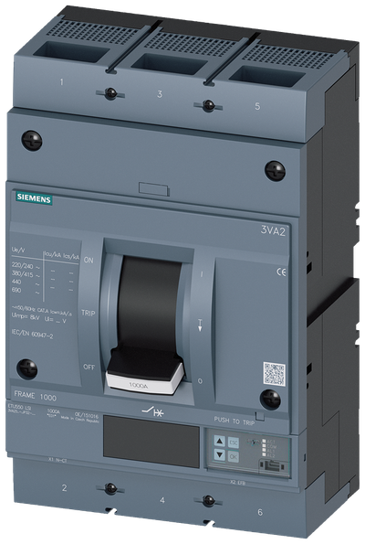 Siemens MCCB_3VA25_3P_85KA_ETU550,LSI PROTECTION, IN=800A, IR=320A-800A, ISD=0,6-10XIN, II=1,5-10XIN, bolt