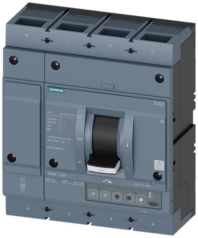 Siemens MCCB_3VA25_4P_110KA_ETU350,LSI PROTECTION, IN=800A, IR=320A-800A, ISD=1,5-10XIR, II=10XIN, bolt