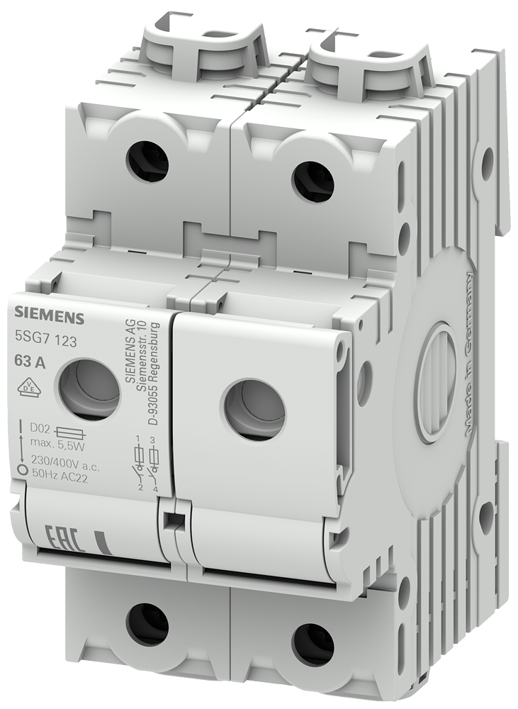 Siemens MINIZED, fuse load-break switch with fuse, D02, 2-Pole, In: 63 A, Un AC: 400 V