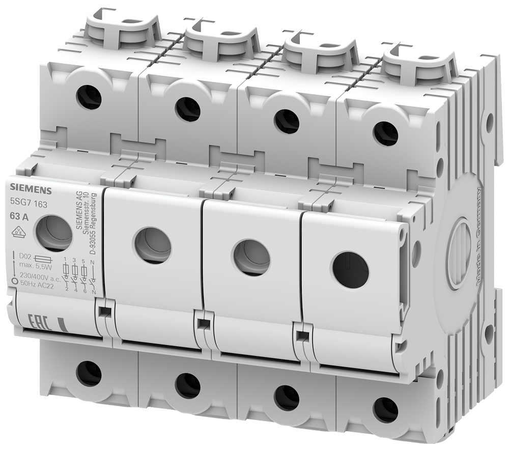 Siemens MINIZED, fuse load-break switch with fuse, D02, 3P+N, In: 63 A, Un AC: 400 V