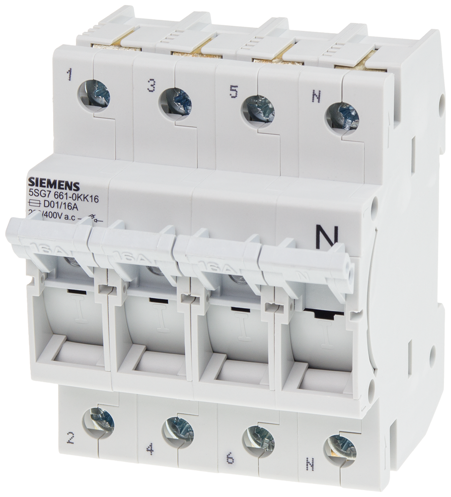 Siemens MINIZED, fuse load-break switch, D01, 4-Pole, 3P+N, In: 16 A, Un AC: 400 V