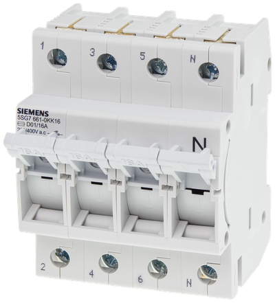 Siemens MINIZED, fuse load-break switch, D01, 4-Pole, 3P+N, In: 16 A, Un AC: 400 V