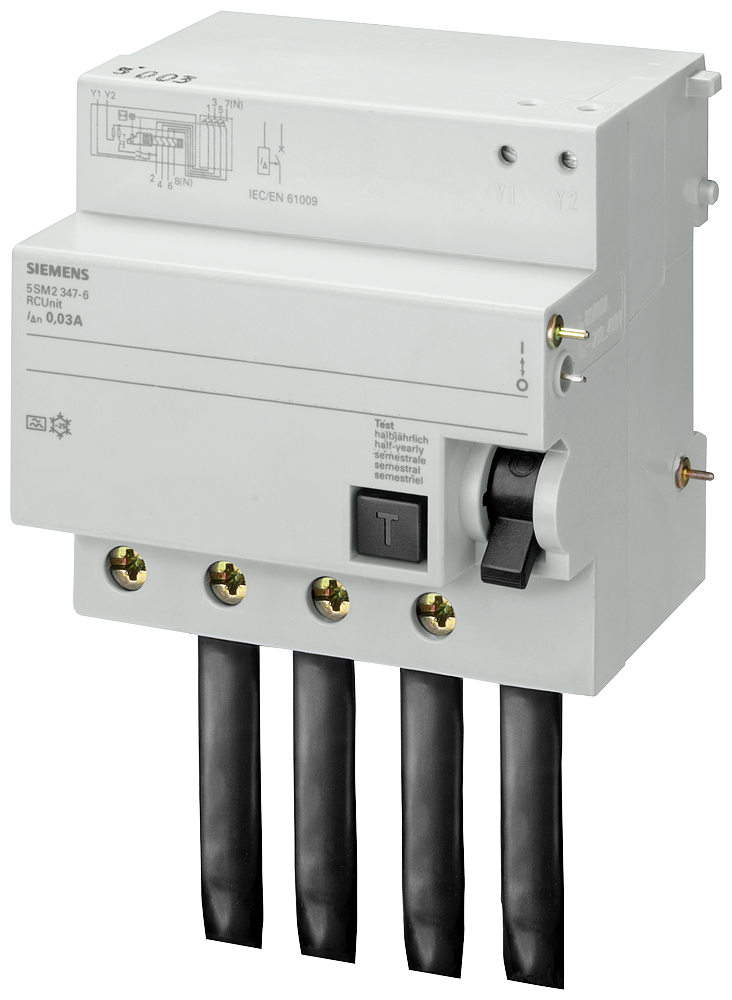 Siemens 5SM2647-8 RC Unit for 5SP4 Miniature Circuit Breaker — 4-Pole, Type A, Selective, in 100 A, 300 mA, 400 V AC
