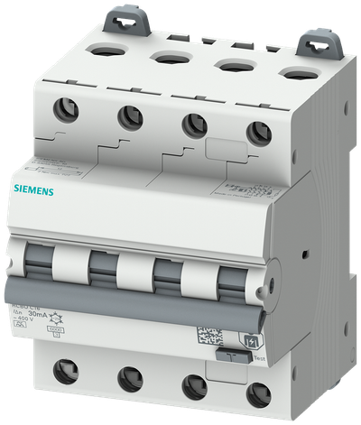 Siemens Residual current circuit breaker with overcurrent, 4P, 16A, Type A 30MA, B-Curve, 6 kA, Un: 230/400V, conductor cross-section 35 mm², torque 2Nm