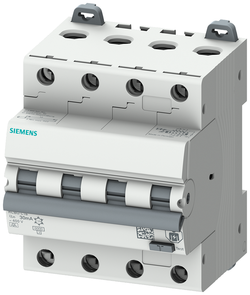 Siemens Residual current circuit breaker with overcurrent, 4P, 25A, Type A 30MA, C-Curve, 6 kA, Un: 230/400V, conductor cross-section 35 mm², torque 2Nm