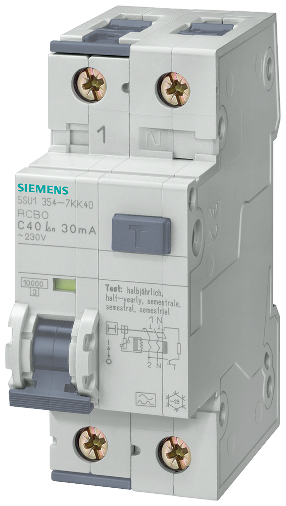 Siemens Residual current circuit breaker with overcurrent for Tn, Type A, D=70 mm Ifn 30MA,10KA, 1+N-Pole B 40A