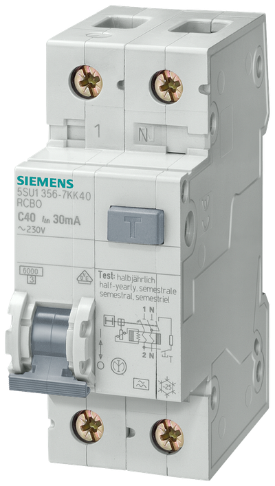 Siemens Residual current circuit breaker with overcurrent for Tn, Type A, D=70 mm Ifn 30MA,6KA, 1+N-Pole C 13A