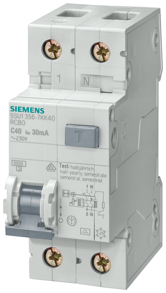 Siemens Residual current circuit breaker with overcurrent for Tn, Type A, D=70 mm Ifn 300MA,6KA, 1+N-Pole B 16A
