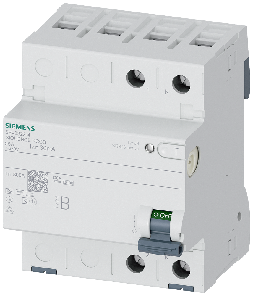 Siemens 5SV33224 SIGRES Residual Current Circuit Breaker (RCCB) — Type B, 1+N, 25 A, 30 mA, Short-Time Delayed