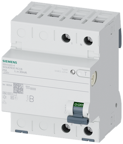 Siemens 5SV33224 SIGRES Residual Current Circuit Breaker (RCCB) — Type B, 1+N, 25 A, 30 mA, Short-Time Delayed