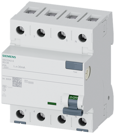 Siemens Residual current circuit breaker, 4-Pole, type A, In: 25 A, 30 mA, Un AC: 400 V