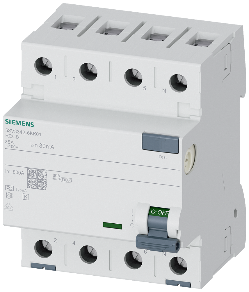 Siemens Residual current circuit breaker A 25/4, torque 2,5-3,0 Nm, conductor cross-section 1-35 MM2, Short-Time Delayed K 5SV3342-6KK01