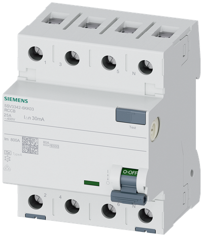 Siemens Residual current circuit breaker, 4-Pole, type A, In: 25 A, 30 mA, Un AC: 400 V