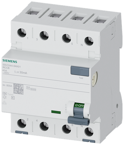 Siemens Residual current circuit breaker A 40/4, torque 2,5-3,0 Nm, conductor cross-section 1-35 MM2, Short-Time Delayed K 5SV3344-6KK01