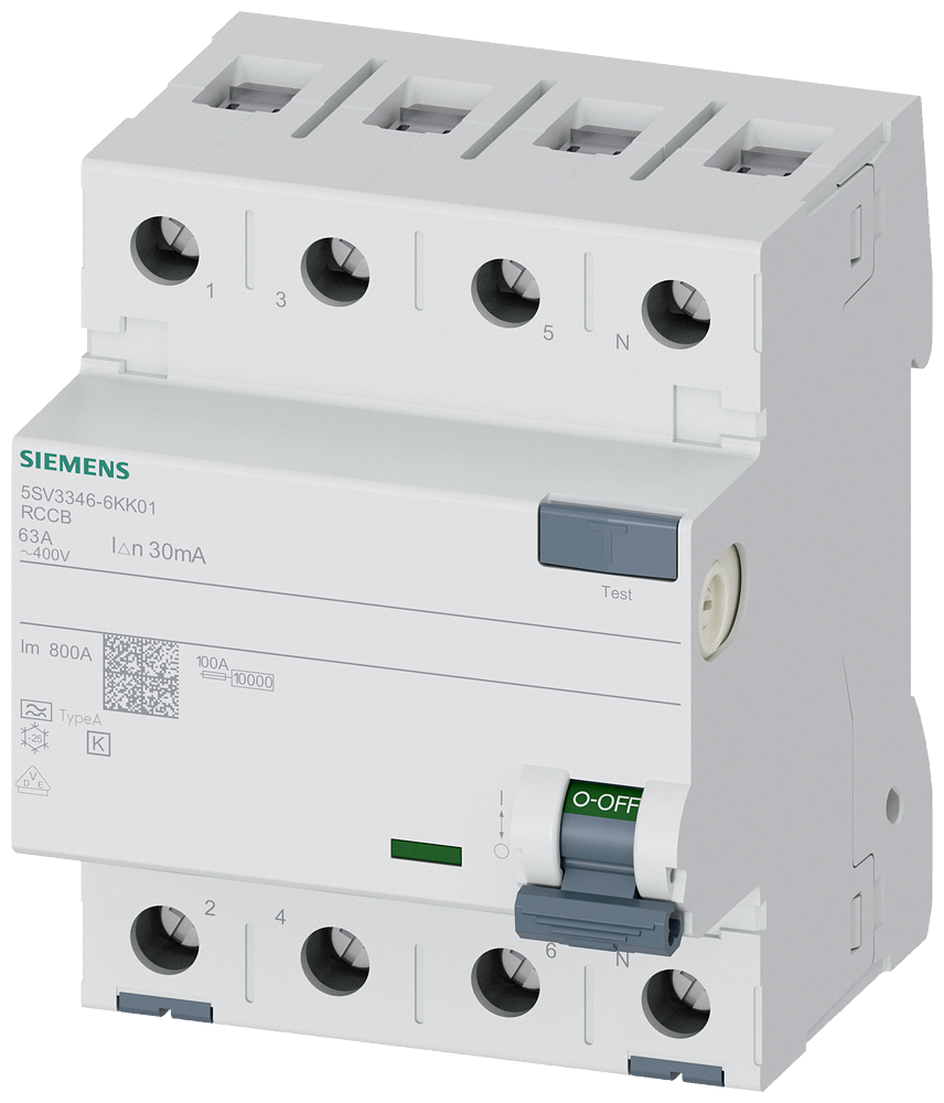 Siemens Residual current circuit breaker A 63/4, torque 2,5-3,0 Nm, conductor cross-section 1-35 MM2, Short-Time Delayed K 5SV3346-6KK01