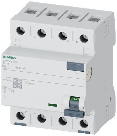 Siemens Residual current circuit breaker A 63/4, torque 2,5-3,0 Nm, conductor cross-section 1-35 MM2, Short-Time Delayed K 5SV3346-6KK01