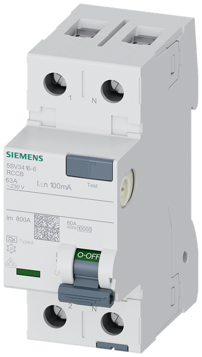 Siemens Residual current circuit breaker, 2-Pole, type A, In: 63 A, 100 mA, Un AC: 230 V