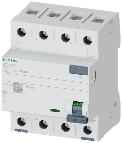 Siemens Residual current circuit breaker, 4-Pole, type A, In: 25 A, 100 mA, Un AC: 400 V
