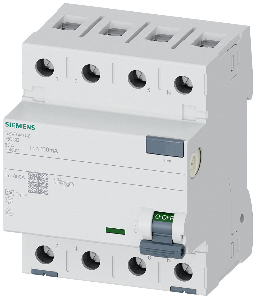 Siemens Residual current circuit breaker, 4-Pole, type A, In: 63 A, 100 mA, Un AC: 400 V