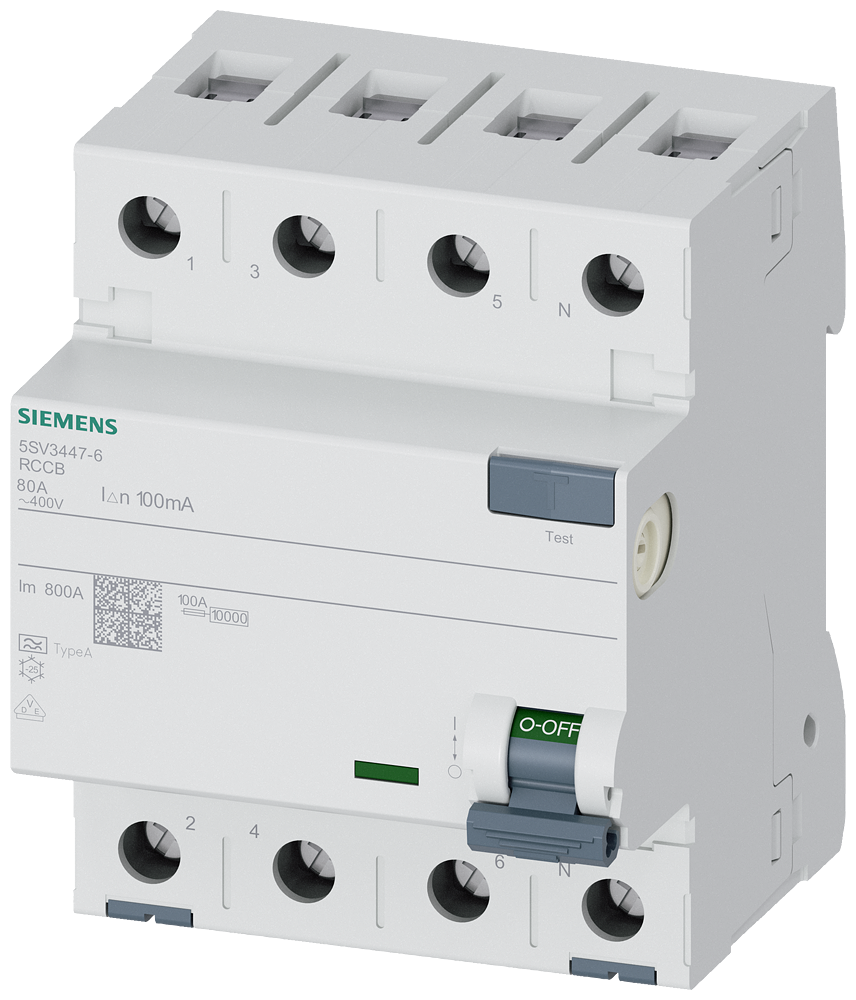 Siemens Residual current circuit breaker, 4-Pole, type A, In: 80 A, 100 mA, Un AC: 400 V