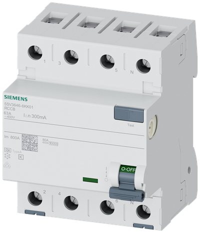 Siemens Residual current circuit breaker A 63/4, torque 2,5-3,0 Nm, conductor cross-section 1-35 MM2, Short-Time Delayed K 5SV36466KK01
