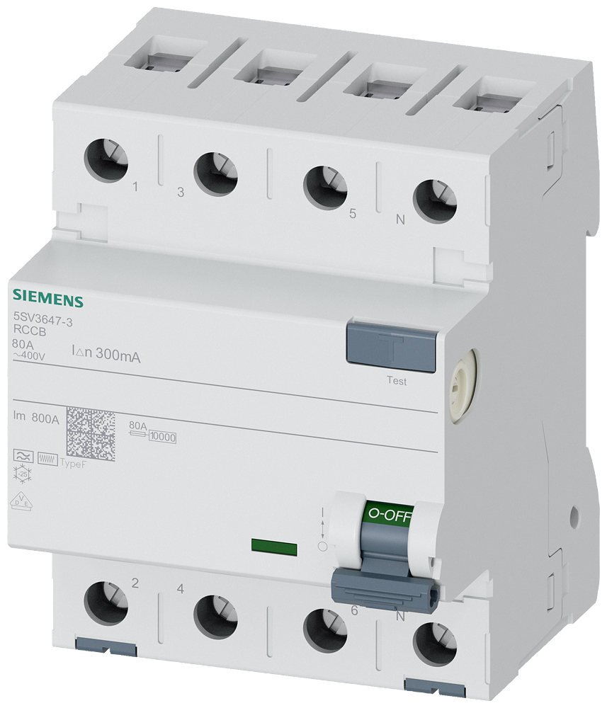 Siemens Residual current circuit breaker F 80/4, torque 2,5-3,0 Nm, conductor cross-section 1-35 MM2 5SV36473