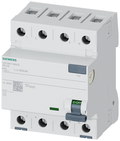 Siemens Residual current circuit breaker A 80/4, torque 2,5-3,0 Nm, conductor cross-section 1-35 MM2 SIGRES 5SV36476KK12