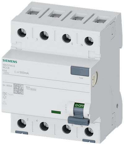 Siemens Residual current circuit breaker, 4-Pole, type A, In: 63 A, 500 mA, Un AC: 400 V