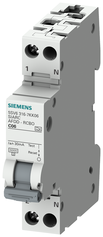 Siemens Residual current circuit breaker with overcurrent+afd, TN, 6KA, 18mm, C6