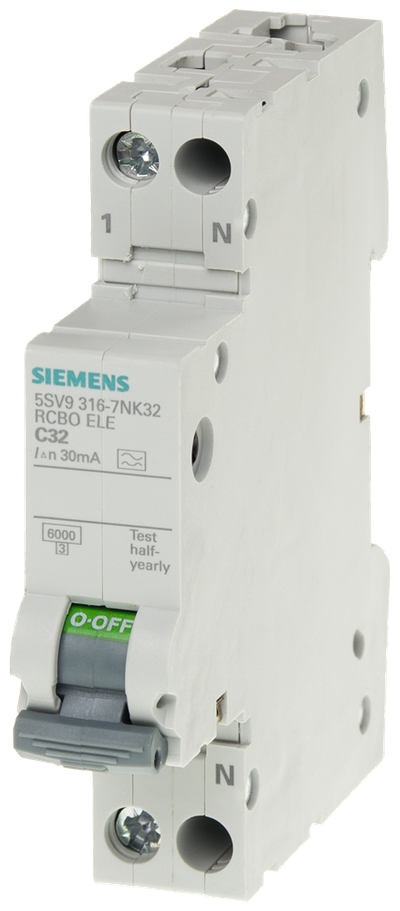 Siemens Residual current circuit breaker with overcurrent TN 6KA,18mm,30MA C20, el, adjusted I2 for residential use