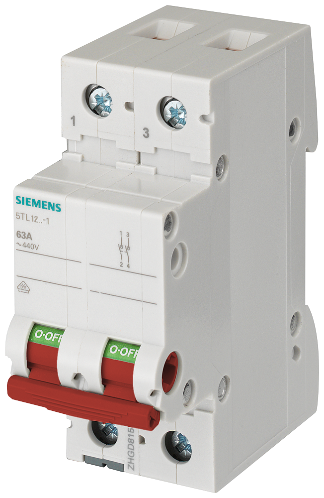 Siemens Sentron Load-break switch, 63 A, 2-Pole, 440 V AC, 10 kA Icw, Red (5TL12631)