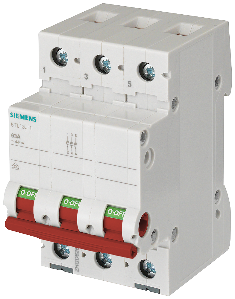 Siemens Sentron Load-break switch, 63 A, 3-Pole, 440 V AC, 10 kA Icw, Red (5TL1363-1)