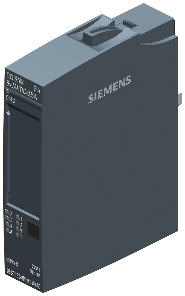 Siemens SIMATIC ET 200SP, Digital output module, DQ 8X 24V DC/0,5A Sink Basic, Sink output (NPN, M-switching) (6ES7132-6BF61-0AA0)