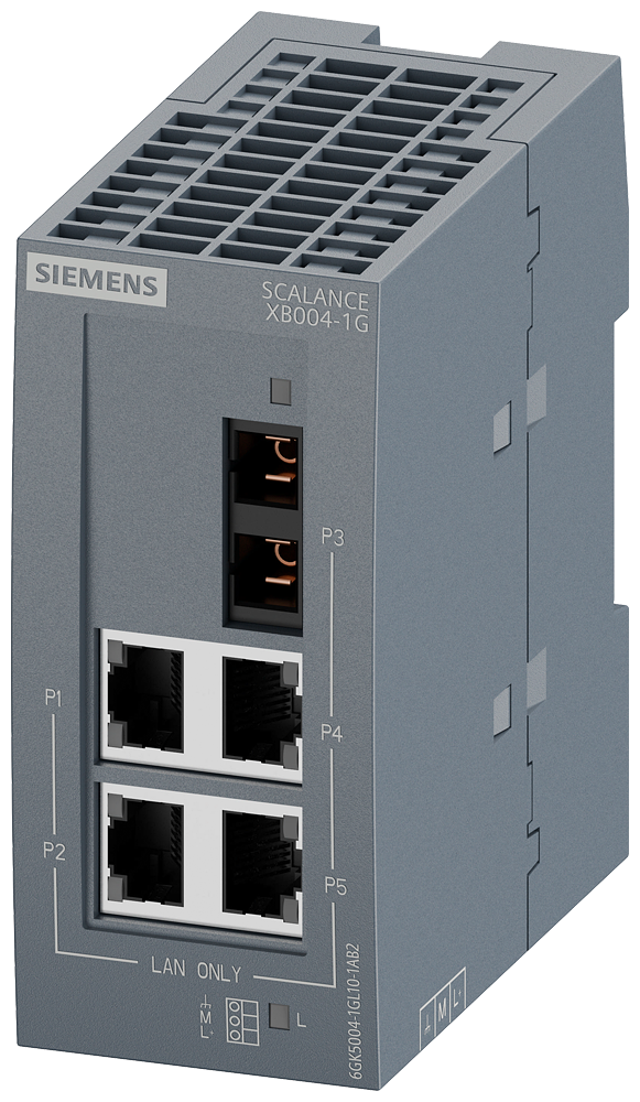 Siemens SCALANCE XB004-1G; 4 x 10/100/1000 Mbit/s RJ45 porter + 1 x 1000 Mbit/s SC-port multimode