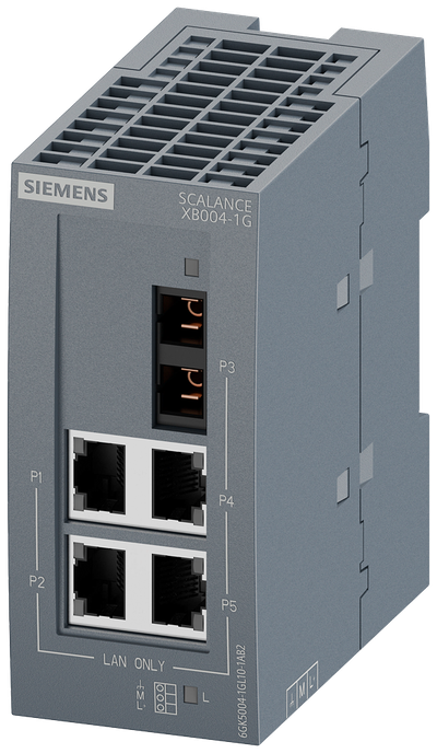Siemens SCALANCE XB004-1G; 4 x 10/100/1000 Mbit/s RJ45 porter + 1 x 1000 Mbit/s SC-port multimode