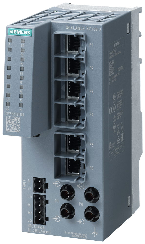 Siemens SCALANCE XC106-2; 6 x 10/100 Mbit/s RJ45 porter + 2 x 100 Mbit/s ST-port multimode